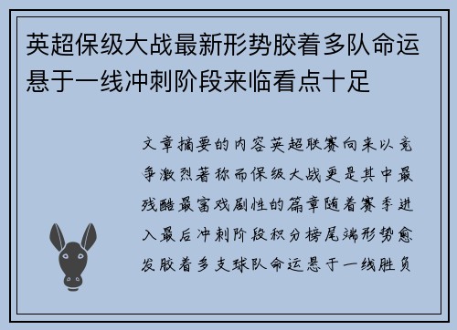 英超保级大战最新形势胶着多队命运悬于一线冲刺阶段来临看点十足